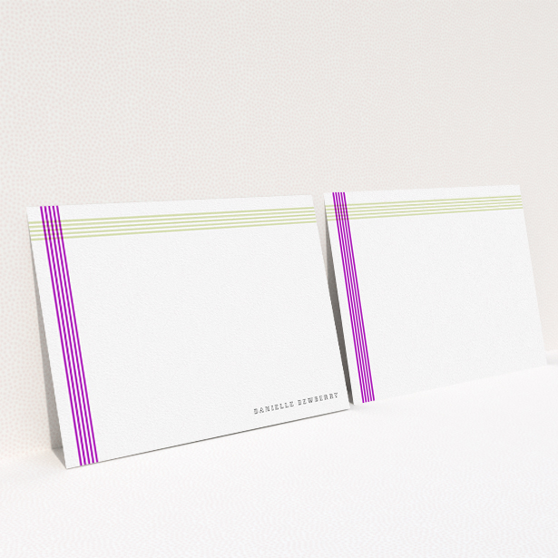 A womens correspondence card template titled "Crossing Paths". It is an A5 card in a landscape orientation. "Crossing Paths" is available as a flat card, with tones of yellow and purple.