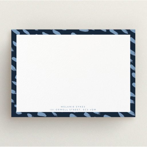 Correspondence Card Design for Women - "Dr blue" A womens correspondence card design called "Dr blue". It is an A5 card in a landscape orientation. "Dr blue" is available as a flat card, with tones of blue and white.