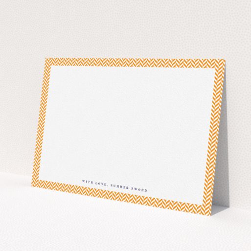 A womens correspondence card design titled 'Hounds Tooth Orange'. It is an A5 card in a landscape orientation. 'Hounds Tooth Orange' is available as a flat card, with tones of orange and white.