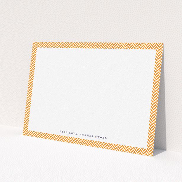 A womens correspondence card design titled "Hounds Tooth Orange". It is an A5 card in a landscape orientation. "Hounds Tooth Orange" is available as a flat card, with tones of orange and white.
