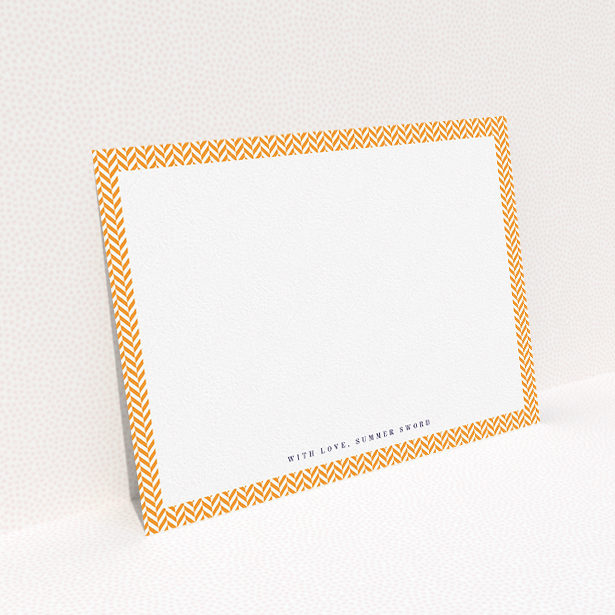 A womens correspondence card design titled "Hounds Tooth Orange". It is an A5 card in a landscape orientation. "Hounds Tooth Orange" is available as a flat card, with tones of orange and white.