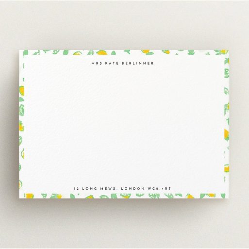 Correspondence Card Design for Women - "Madeira" A womens correspondence card template titled "Madeira". It is an A5 card in a landscape orientation. "Madeira" is available as a flat card, with tones of green and yellow.