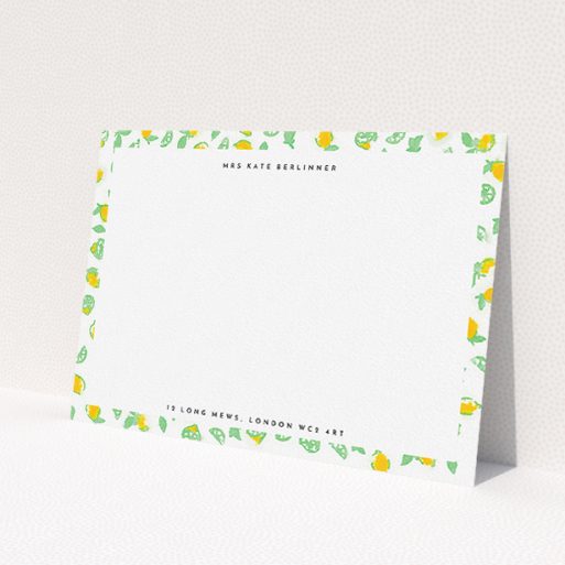 A womens correspondence card template titled 'Madeira'. It is an A5 card in a landscape orientation. 'Madeira' is available as a flat card, with tones of green and yellow.