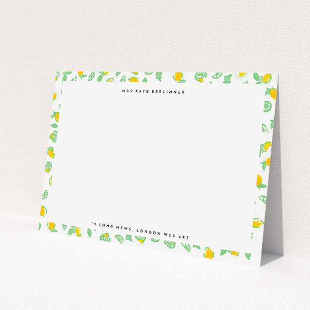 A womens correspondence card template titled "Madeira". It is an A5 card in a landscape orientation. "Madeira" is available as a flat card, with tones of green and yellow.