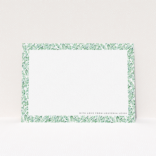 A womens correspondence card design named "Out of the hedge". It is an A6 card in a landscape orientation. "Out of the hedge" is available as a flat card, with tones of green and white.