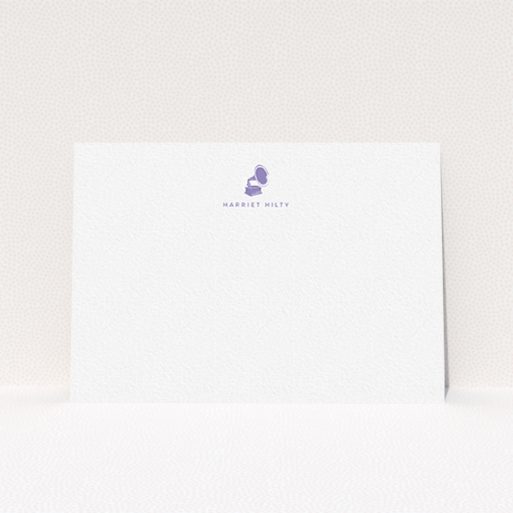 A womens correspondence card design titled "Purple music". It is an A6 card in a landscape orientation. "Purple music" is available as a flat card, with tones of white and purple.