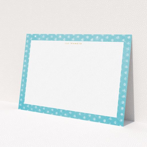 A womens correspondence card design named 'Remembering polkadots'. It is an A5 card in a landscape orientation. 'Remembering polkadots' is available as a flat card, with tones of blue and white.