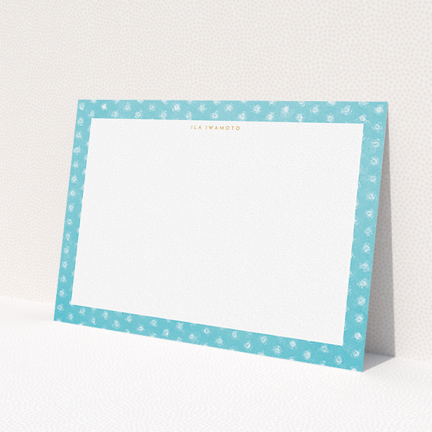 A womens correspondence card design named "Remembering polkadots". It is an A5 card in a landscape orientation. "Remembering polkadots" is available as a flat card, with tones of blue and white.