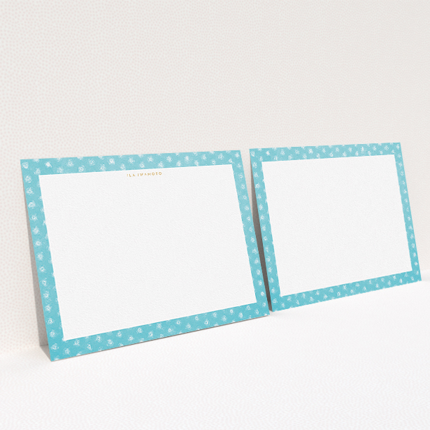 A womens correspondence card design named "Remembering polkadots". It is an A5 card in a landscape orientation. "Remembering polkadots" is available as a flat card, with tones of blue and white.