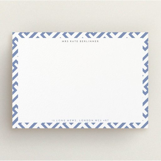 Correspondence Card Design for Women - "Round the corner" A womens correspondence card design named "Round the corner". It is an A5 card in a landscape orientation. "Round the corner" is available as a flat card, with tones of blue and white.
