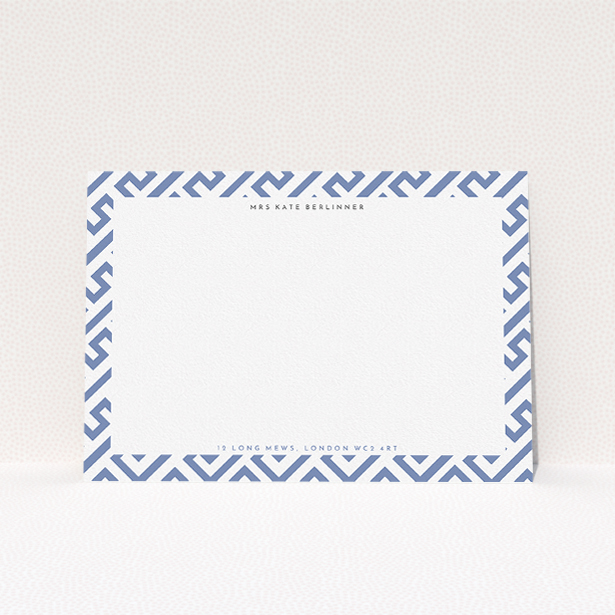 A womens correspondence card design named "Round the corner". It is an A5 card in a landscape orientation. "Round the corner" is available as a flat card, with tones of blue and white.