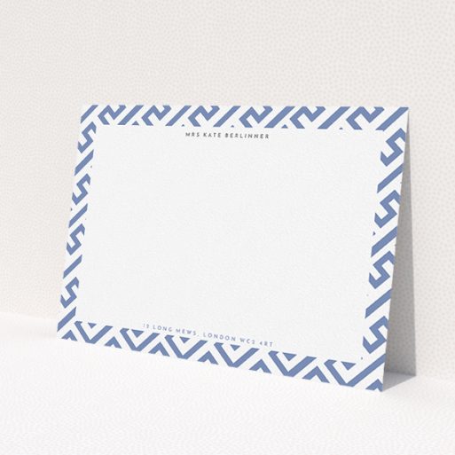 A womens correspondence card design named 'Round the corner'. It is an A5 card in a landscape orientation. 'Round the corner' is available as a flat card, with tones of blue and white.