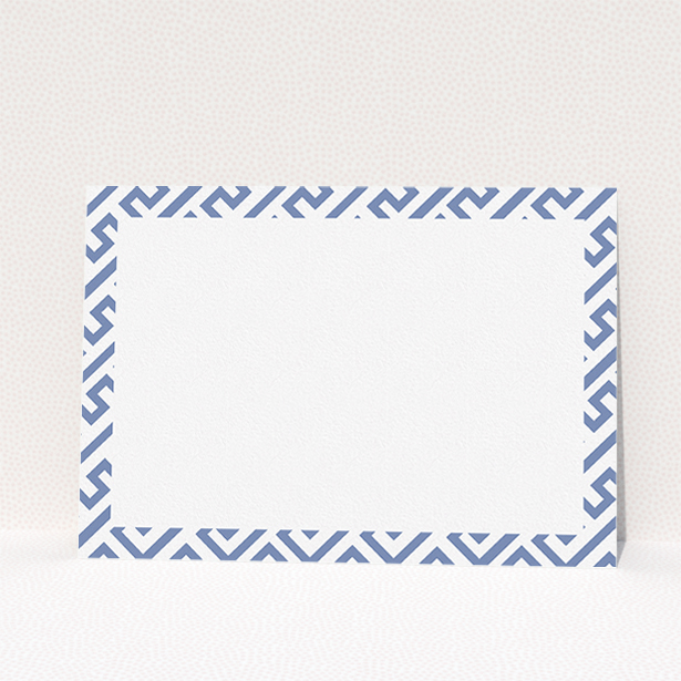 A womens correspondence card design named "Round the corner". It is an A5 card in a landscape orientation. "Round the corner" is available as a flat card, with tones of blue and white.