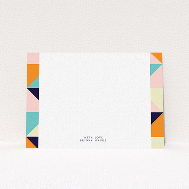 A womens correspondence card design titled "Sloane Squares". It is an A6 card in a landscape orientation. "Sloane Squares" is available as a flat card, with mainly orange colouring.