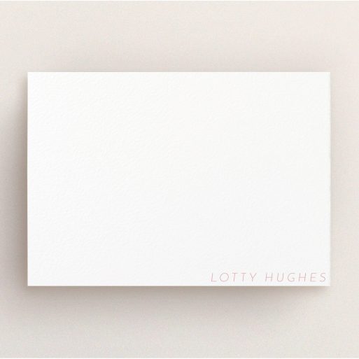 Correspondence Card Design for Women - "To the point" A womens correspondence card design titled "To the point". It is an A5 card in a landscape orientation. "To the point" is available as a flat card, with tones of white and pink.