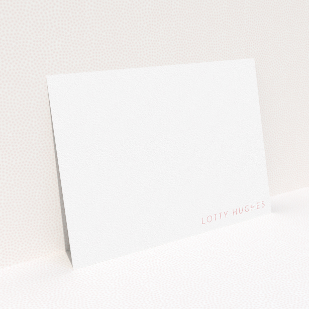 A womens correspondence card design titled "To the point". It is an A5 card in a landscape orientation. "To the point" is available as a flat card, with tones of white and pink.