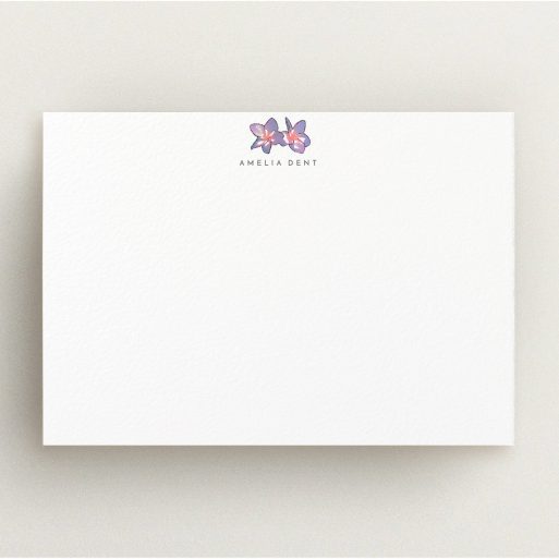 Correspondence Card Design for Women - "Two little flowers" A womens correspondence card called "Two little flowers". It is an A5 card in a landscape orientation. "Two little flowers" is available as a flat card, with tones of white and purple.