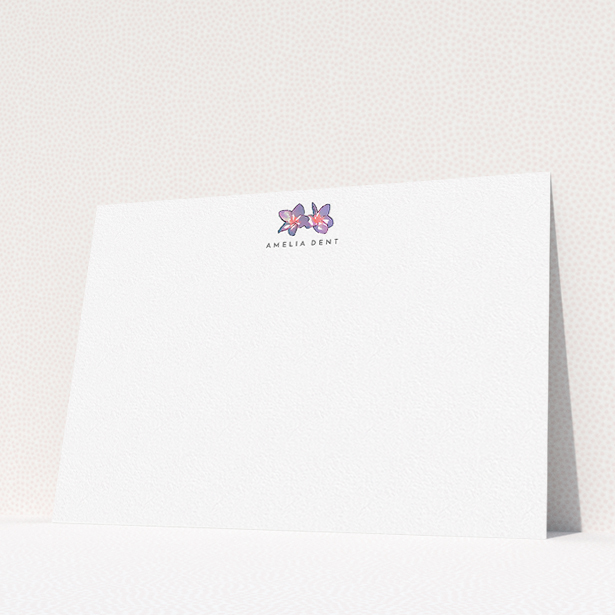 A womens correspondence card called "Two little flowers". It is an A5 card in a landscape orientation. "Two little flowers" is available as a flat card, with tones of white and purple.
