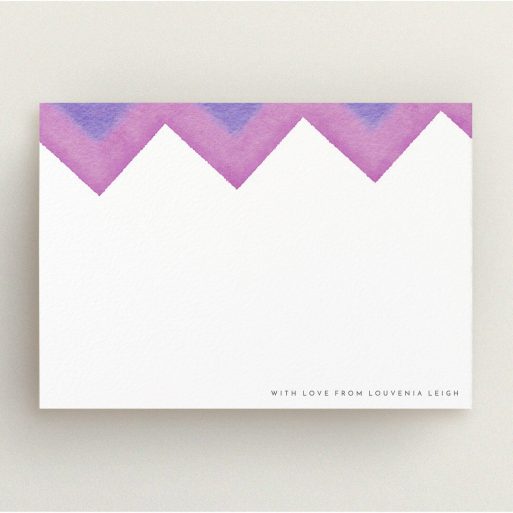 Correspondence Card Design for Women - "Vibrant Peaks" A womens correspondence card design called "Vibrant Peaks". It is an A5 card in a landscape orientation. "Vibrant Peaks" is available as a flat card, with mainly purple/dark pink colouring.