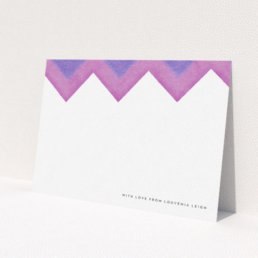 A womens correspondence card design called 'Vibrant Peaks'. It is an A5 card in a landscape orientation. 'Vibrant Peaks' is available as a flat card, with mainly purple/dark pink colouring.