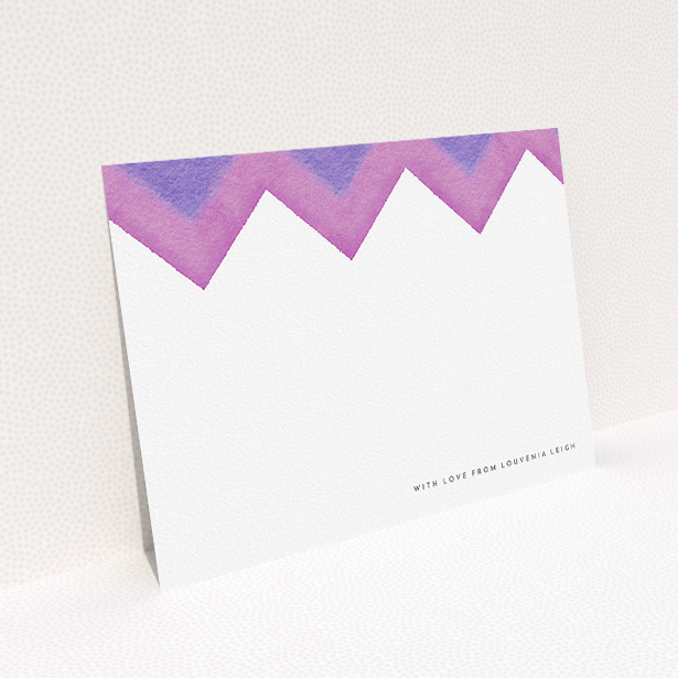 A womens correspondence card design called "Vibrant Peaks". It is an A5 card in a landscape orientation. "Vibrant Peaks" is available as a flat card, with mainly purple/dark pink colouring.