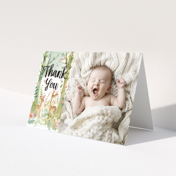 Baby thank you card design with one photo featuring a baby wrapped in a knitted blanket.