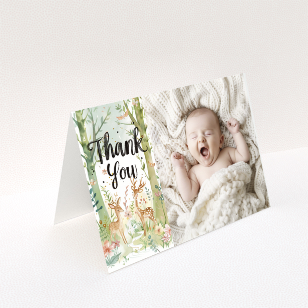 Baby thank you card design with one photo featuring a baby wrapped in a knitted blanket.