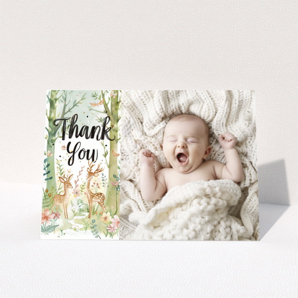 Baby thank you card design with one photo featuring a baby wrapped in a knitted blanket.