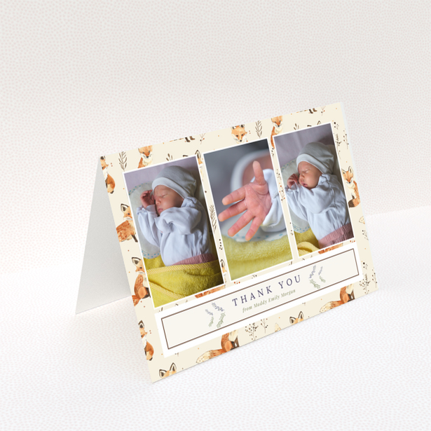 Baby thank you card with three photos of a newborn and fox-themed background