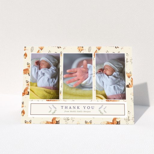 Baby thank you card with three photos of a newborn and fox-themed background