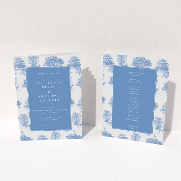 Woodland Harmony A5 Wedding Order of Service booklet - Enchanting nature-inspired design with toile de Jouy woodland scenes in blue and white, featuring formal serif font for ceremony details This image shows the front and back sides together