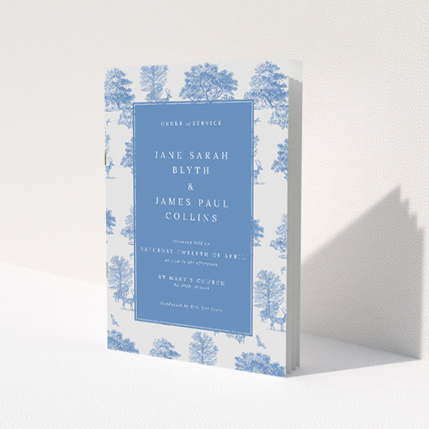 Woodland Harmony A5 Wedding Order of Service booklet - Enchanting nature-inspired design with toile de Jouy woodland scenes in blue and white, featuring formal serif font for ceremony details This is a view of the front