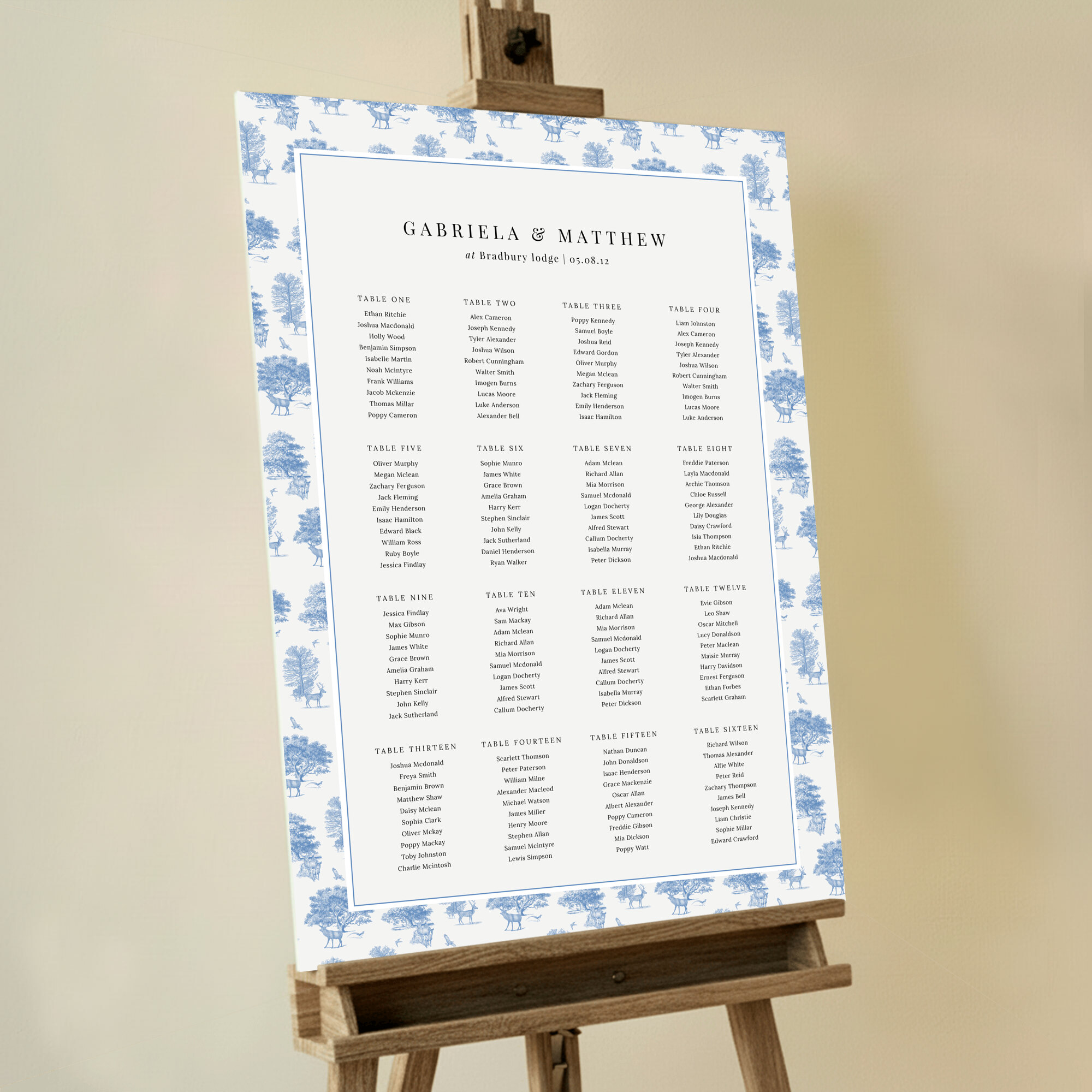 Personalized Woodland Harmony Wedding Seating Charts featuring a classic design in blue and cream tones, adorned with deer, trees, and birds in blue set against a light grey background, evoking a peaceful and harmonious atmosphere for your wedding celebration.. This design shows 16 tables.