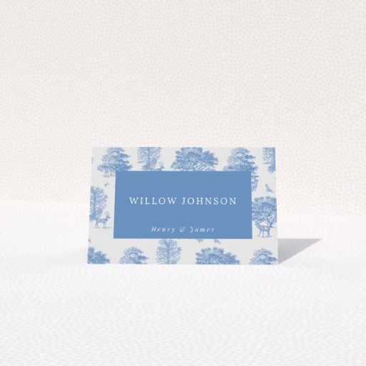 Woodland Harmony Place Cards - nature-inspired wedding stationery with tranquil woodland motifs and classic blue toile de Jouy patterns. This is a view of the front