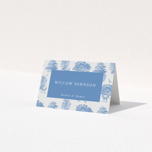Woodland Harmony Place Cards - nature-inspired wedding stationery with tranquil woodland motifs and classic blue toile de Jouy patterns. This is a third view of the front