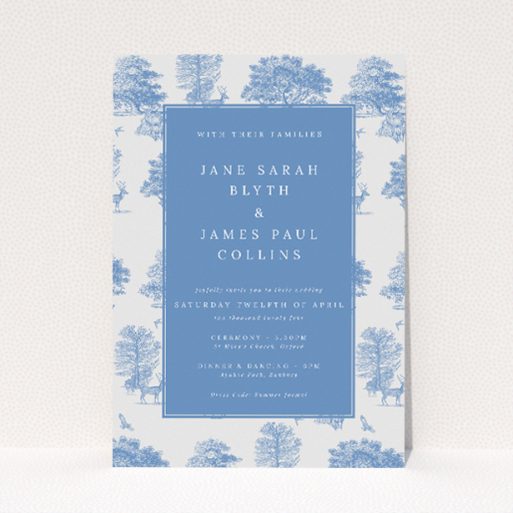 Woodland Harmony wedding invitation design - serene, enchanting, nature-inspired, classic blue toile de Jouy style, timeless elegance, countryside wedding, sophisticated serif font. This is a view of the front