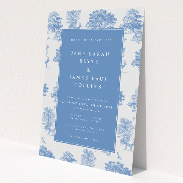 Woodland Harmony wedding invitation design - serene, enchanting, nature-inspired, classic blue toile de Jouy style, timeless elegance, countryside wedding, sophisticated serif font. This is a view of the front