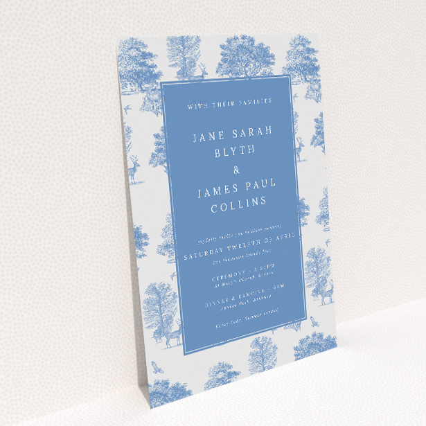 Woodland Harmony wedding invitation design - serene, enchanting, nature-inspired, classic blue toile de Jouy style, timeless elegance, countryside wedding, sophisticated serif font. This image shows the front and back sides together