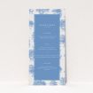 Woodland Harmony wedding menu design with intricate tree and foliage patterns in classic blue toile de Jouy style, ideal for couples planning countryside or garden weddings This is a view of the front