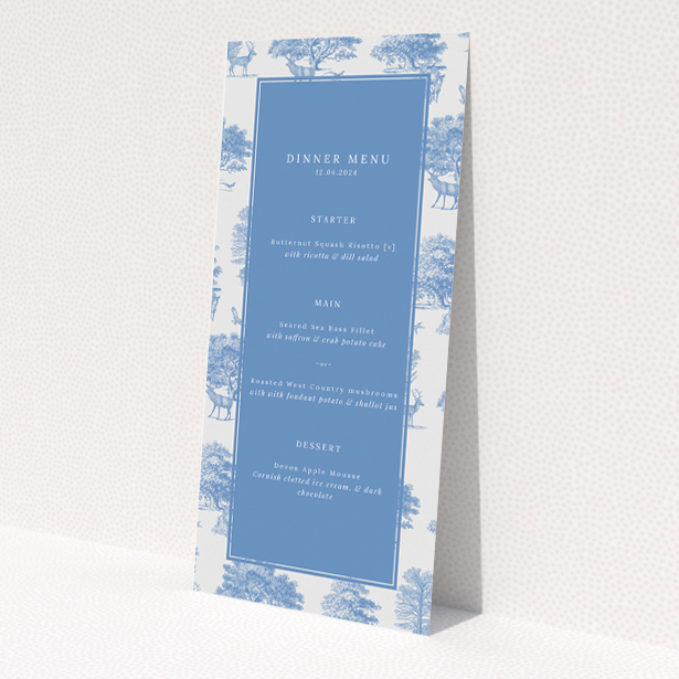 Woodland Harmony wedding menu design with intricate tree and foliage patterns in classic blue toile de Jouy style, ideal for couples planning countryside or garden weddings This is a view of the front