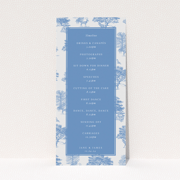 Woodland Harmony wedding menu design with intricate tree and foliage patterns in classic blue toile de Jouy style, ideal for couples planning countryside or garden weddings This is a view of the back
