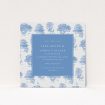Woodland Harmony wedding save the date card featuring tranquil Toile de Jouy-inspired woodland scenes in serene blue and white tones. This is a view of the front