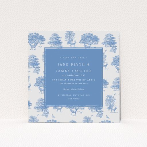 Woodland Harmony wedding save the date card featuring tranquil Toile de Jouy-inspired woodland scenes in serene blue and white tones. This is a view of the front