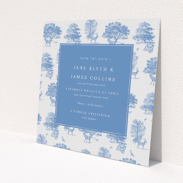Woodland Harmony wedding save the date card featuring tranquil Toile de Jouy-inspired woodland scenes in serene blue and white tones. This image shows the front and back sides together
