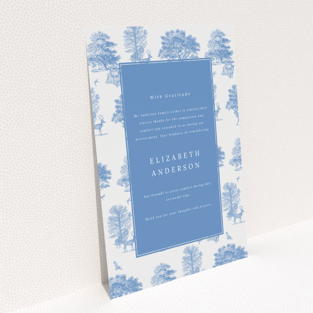 Blue and white funeral thank you card with one photo and tree and deer illustrations