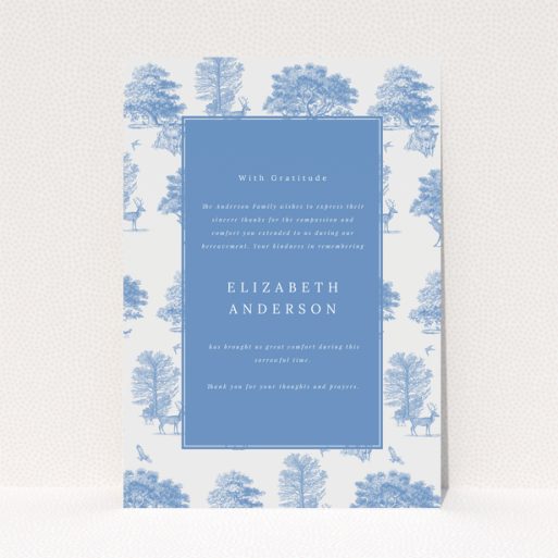 Blue and white funeral thank you card with one photo and tree and deer illustrations