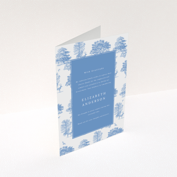 Blue and white funeral thank you card with one photo and tree and deer illustrations