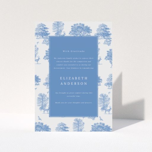 Blue and white funeral thank you card with one photo and tree and deer illustrations