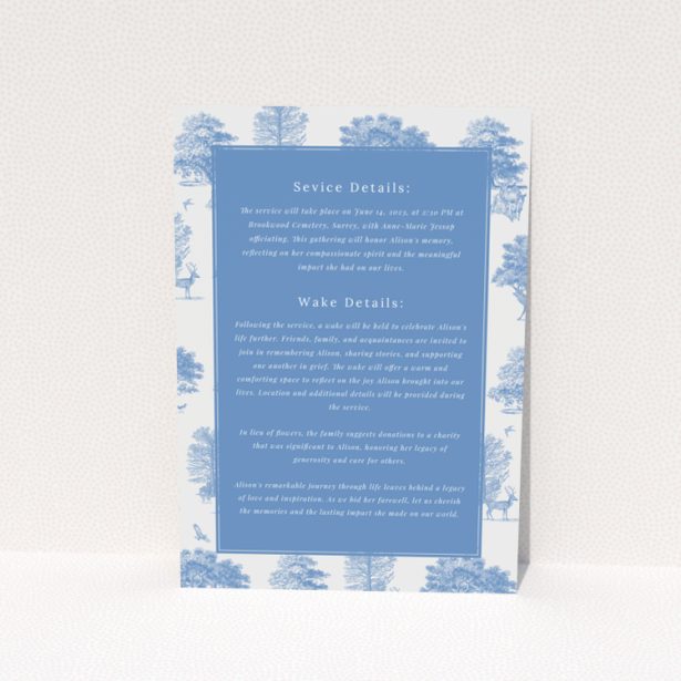 Funeral announcement design with elegant blue tree border and text overlay, Portrait, back page