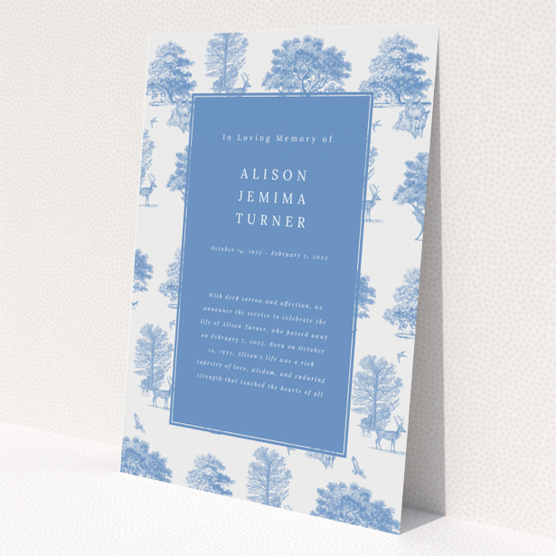 Funeral announcement with blue and white design featuring illustrations of trees and deer.